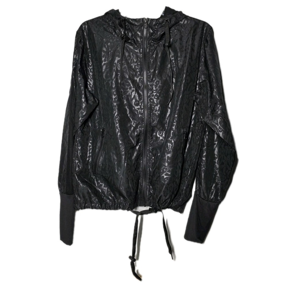 Zyia Womens Sz Med Black Bomber Jacket Hood Light Weight Leopard Print Athletic